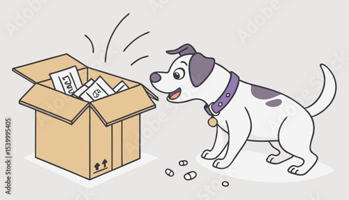  A playful dog with a purple collar joyfully investigates an open cardboard box filled with packing material and labels, creating a heartwarming and charming scene  