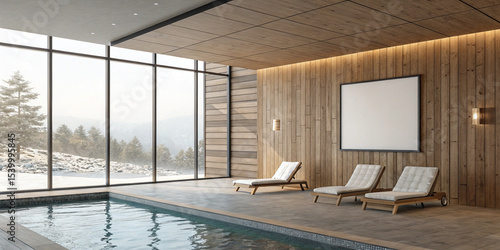 A blank poster mockup on a wooden wall in a minimal spa interior, a serene and natural space for wellness and relaxation concepts