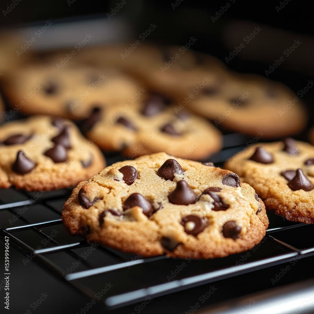 Freshly baked chocolate chip cookies on a wire cooling rack Freshly baked chocolate chip cookies on a wire cooling rack