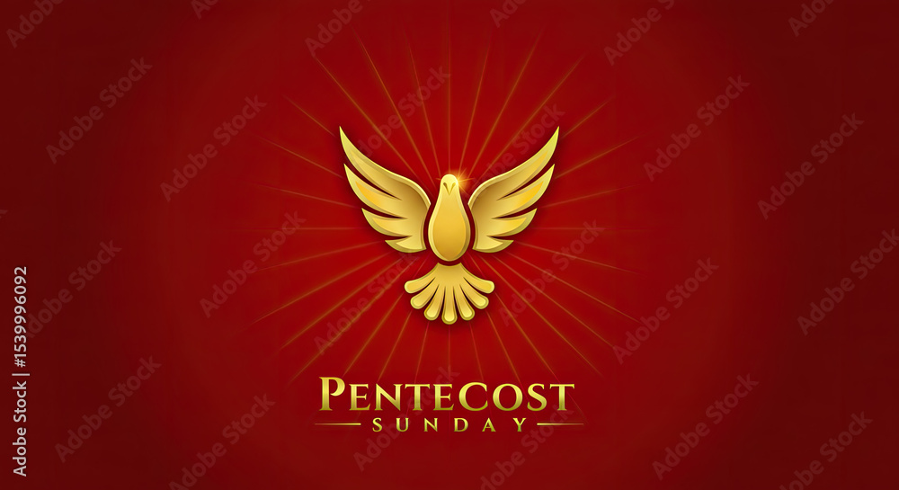 Obraz premium Gold and Red Symbolic Pentecost Sunday Greeting Art Banner. Gold artistic Dove Icon with glowing golden edges. Pentecost typography art on red background. Vector Illustration.