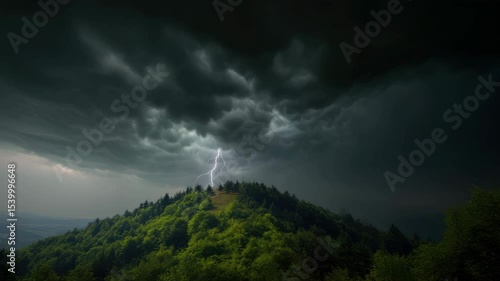 Dark storm lightning strikes motion, Dark storm clouds blasting across the sky with lightning flashing in the distance over a forested hill