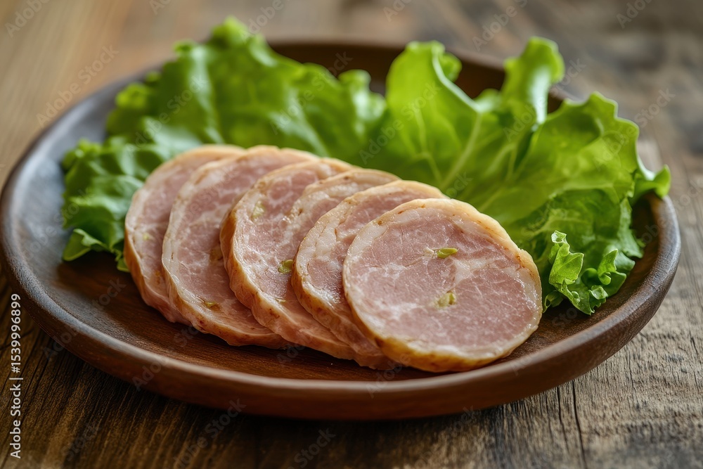 Bologna Meat. Closeup of Sliced Sausages with Salad Leaves on Wood Background Bologna Meat. Closeup of Sliced Sausages with Salad Leaves on Wood Background