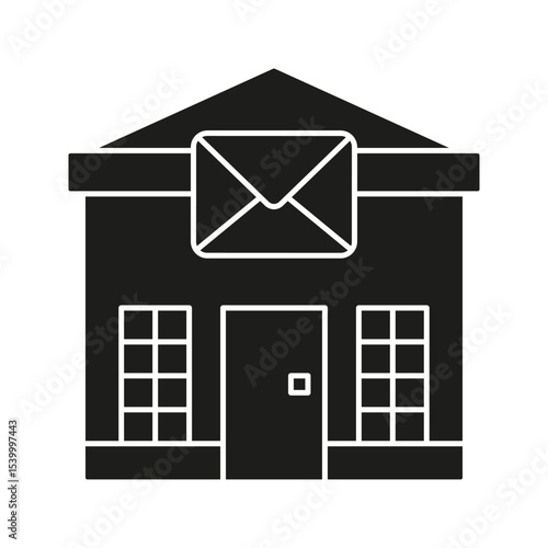 Post Office Building With Envelope Solid Icon. Mail Delivery, Postal Service, And Communication Center Silhouette Symbol. Logistics And Correspondence. Isolated Vector Illustration