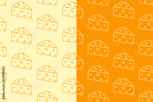 Cheese slices line art seamless pattern on yellow white background. Cheese wedges linear doodle pattern background. Cheddar outline isolated motif wallpaper. foods label, packaging and merchandise