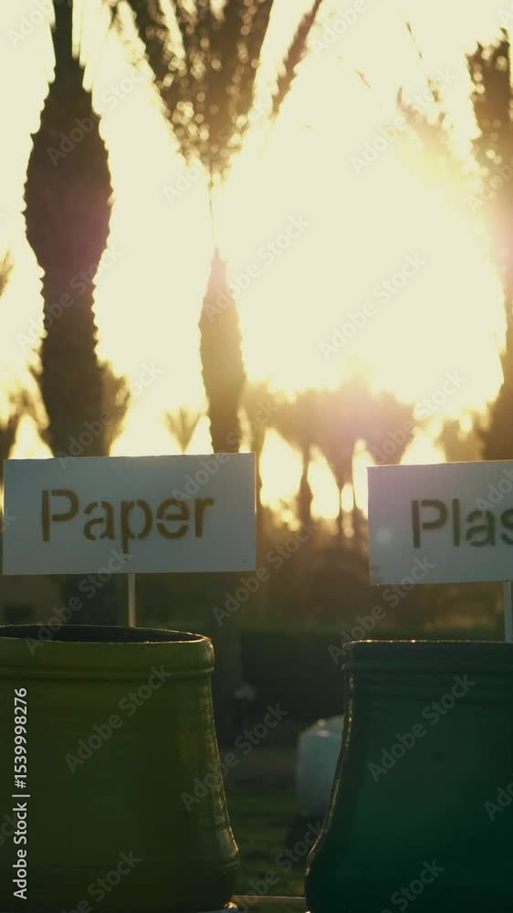 Garbage, trash, rubish bins for various garbage, with signs for sorting ...