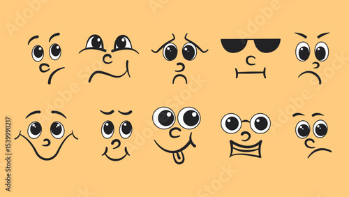 Cartoon facial expressions with different emotions. Funny, sad, scared, serious, cheerful, with glasses. Emoji, stickers and icons, vector elements