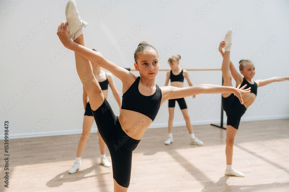 Fototapeta premium Active practicing. Girls practicing ballet indoors in the class
