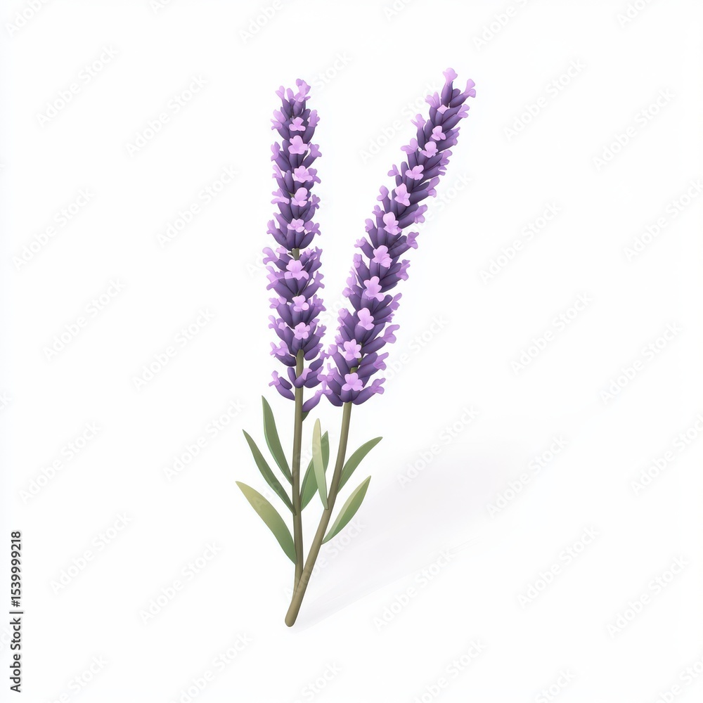 Naklejka premium Low Poly Lavender Sprigs Purple Flowers and Green Leaves on White