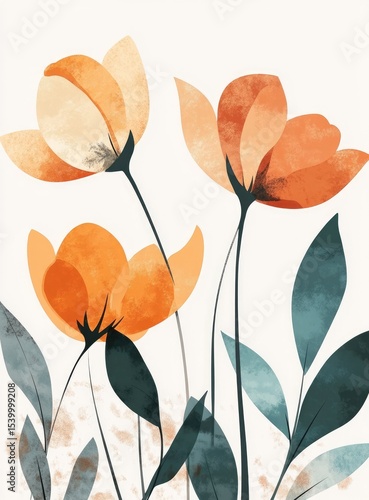 Abstract floral art featuring three stylized tulips in muted orange and peach tones.  The leaves are a deep teal, painted with a watercolor effect.  Soft, muted tones, delicate lines, 