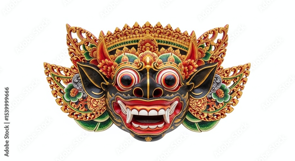 Naklejka premium Traditional Balinese Barong Mask with Intricate Carvings and Vivid Colors, Isolated on White Background. Generative AI