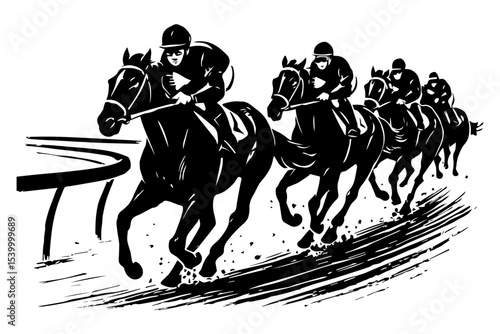 Horse riders racing on a curved track in a dynamic black and white illustration style