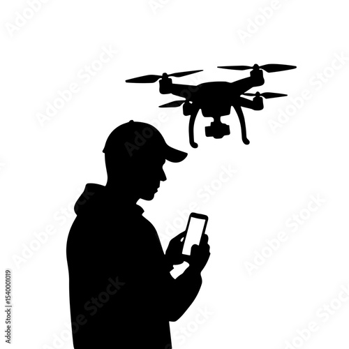 Silhouette of man controlling drone with smartphone, concept of Photographer's Day  
