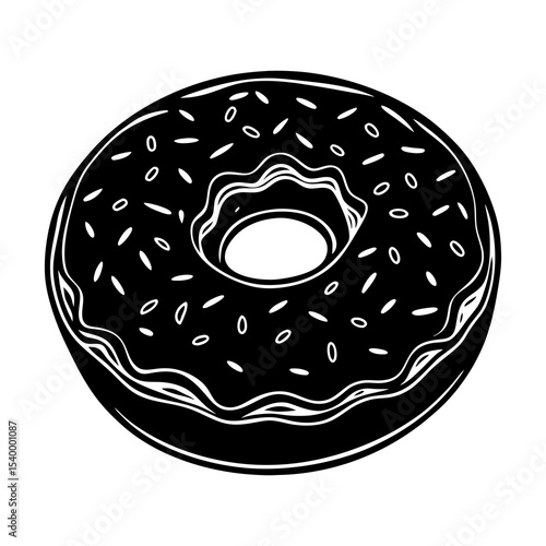 Black and white donut illustration with sprinkles, delicious dessert, sweet treat, bakery item design element