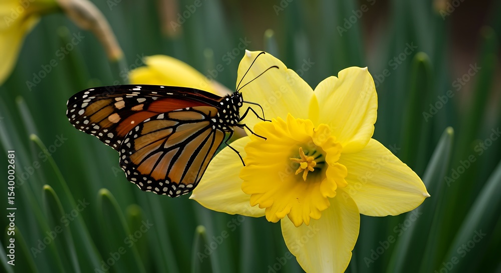 Naklejka premium Monarch Butterfly on a Yellow Daffodil in Spring