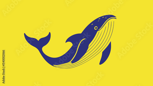 Blue Whale Vector Illustration on Bright Yellow Background – The whale is the main focus of the image, and it is swimming or floating in the water. The bright yellow background adds a sense of energy