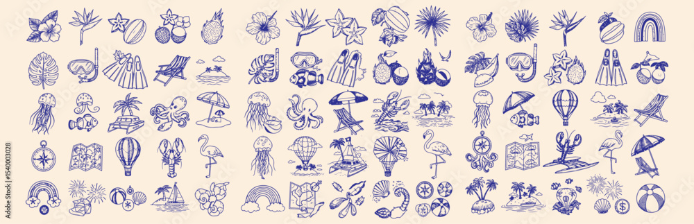 Fototapeta premium Hand Drawn Tropical Summer Vector Icon Set with Coastal Elements, Sea Creatures, Exotic Fruits, and Travel Illustrations for Beach and Vacation Designs