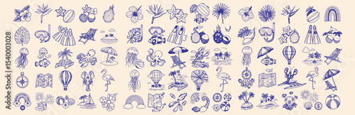 Hand Drawn Tropical Summer Vector Icon Set with Coastal Elements, Sea Creatures, Exotic Fruits, and Travel Illustrations for Beach and Vacation Designs

