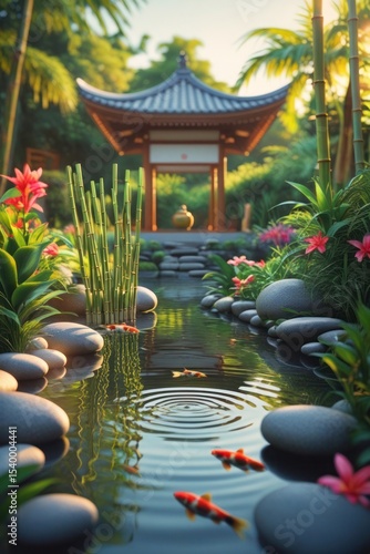 Tranquil Japanese Garden – Zen Path Over a Koi Pond