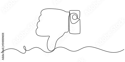 Thumb down in one continuous line. Symbol of evil. Negative gesture showing dislike in a one-line style. Vector editable stroke, Vector continuous one single line drawing icon of hand thumb down.