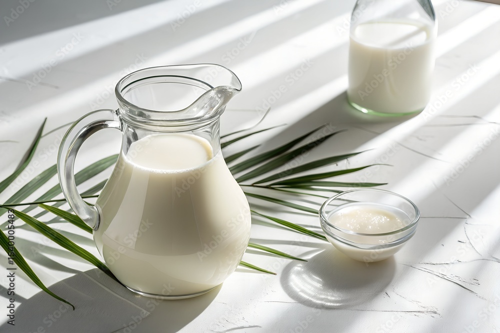 Milk in Glass Pitcher and Bottle, White Background, Palm Leaves Milk in Glass Pitcher and Bottle, White Background, Palm Leaves