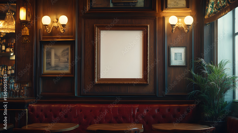A blank picture frame hanging on the old textured wooden wall in a cosy old english or irish pub A blank picture frame hanging on the old textured wooden wall in a cosy old english or irish pub