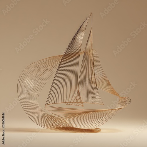 Abstract sailboat sculpture, translucent beige material, swirling lines suggesting motion, minimal background