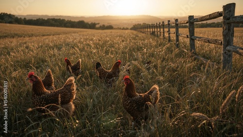 Foto Chickens roaming freely in a field at sunset with a wooden fence in the backgrou