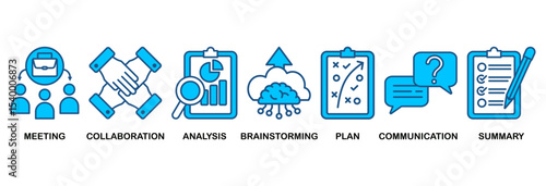 Brief icon set vector illustration concept for a briefing of business plan with an icon of meeting, collaboration, analysis, brainstorming, plan, communication, and summary