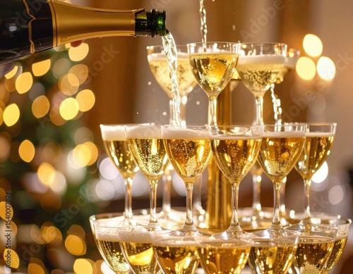 Champagne pouring into glasses tower with Christmas tree lights