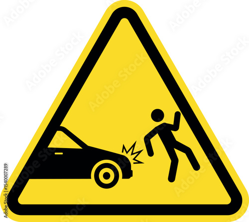 Car accident pedestrian warning sign. Black on yellow background. Safety signs and symbols.