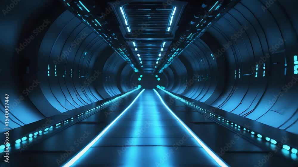 Blue Glowing Tunnel with Illuminated Path and Curved Walls SciFi Corridor