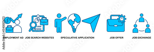 Find a job icon set vector illustration concept with icon of employment ad, job search websites, speculative application, job offer and job exchange