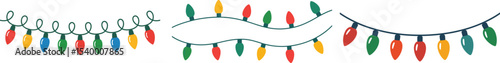 Illustration of a string of christmas lights with red green and yellow bulbs on a white background