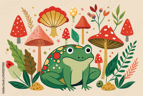 Charming Frog Surrounded by Whimsical Mushrooms and Foliage in a Flat Style