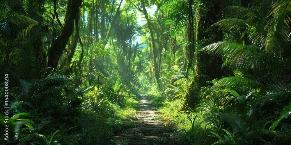 Fototapeta premium A dense, lush tropical forest path illuminated by sunlight filtering through tall trees and abundant green foliage.