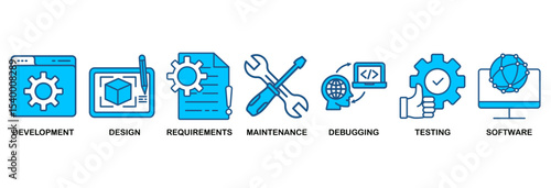 Agile icon set vector illustration concept with icon of development, design, requirements, maintenance, debugging, testing and software