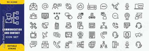 Communication and contacts icon set. Containing speak, phone, mail, contact, chat, website, satellite, radio, antenna, message, connection, news and more. Editable line icons. Vector illustration
