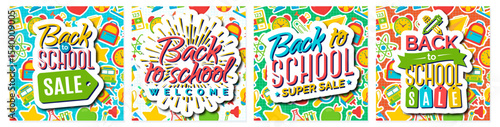 Back to school card set modern typography on school supplies background cartoon style for poster, post social media. Vector 10 eps