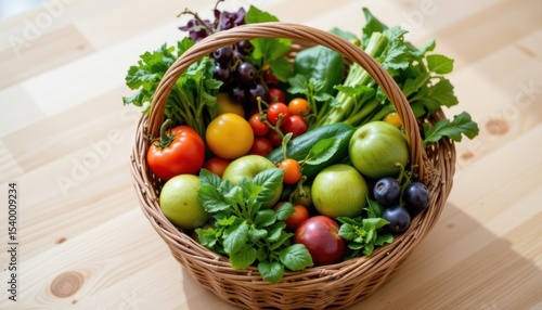 Fototapeta Naklejka Na Ścianę i Meble -  Vibrant assortment of fresh fruits and vegetables in a wicker basket on a wooden table