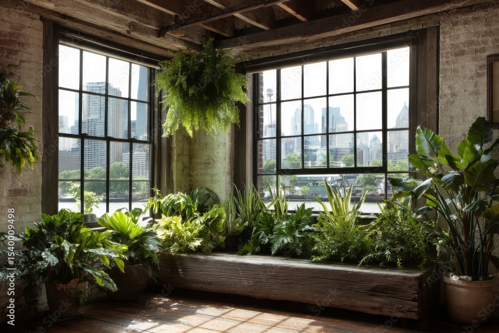 Fototapeta premium Green houseplants near large windows with city skyline view bring natural light into interior space with exposed brick