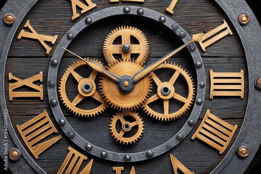Clock face with roman numerals and visible gears showing time passing Clock face with roman numerals and visible gears showing time passing