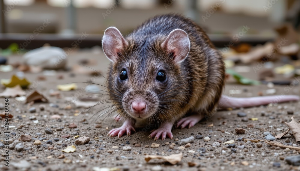 Close-Up of a Small Brown Mouse with Prominent Ears on Leaf-Covered Ground in Forest Environment Close-Up of a Small Brown Mouse with Prominent Ears on Leaf-Covered Ground in Forest Environment