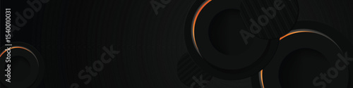 Abstract black geometric horizontal banner background with orange neon light decoration design