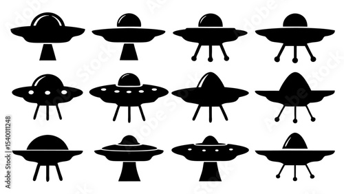 UFO set silhouettes on tranparent background