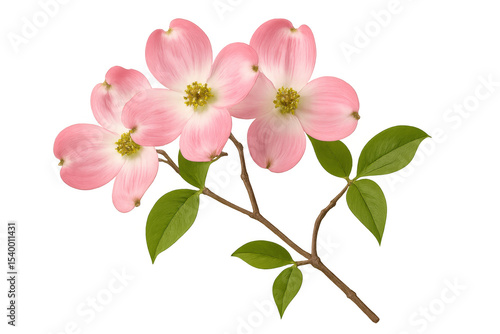 Dogwood branch displaying soft pink blossoms, vibrant green foliage against transparent backdrop