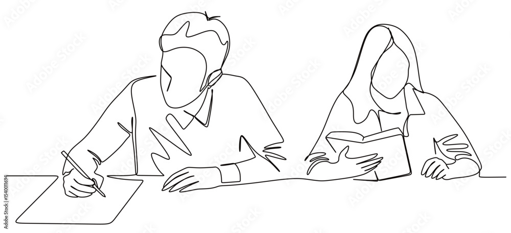 © mamat - continuous single line art of a male and female student writing and working on their respective assignments