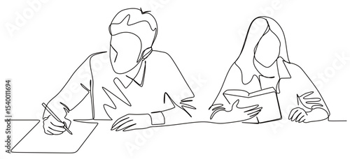 continuous single line art of a male and female student writing and working on their respective assignments
