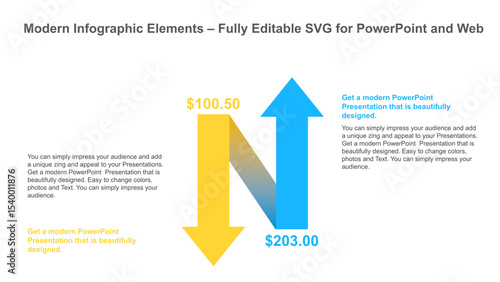 Up and Down Arrow Infographic PowerPoint Slide – Pricing Comparison Template. Fully editable vector SVG file compatible with PowerPoint, Illustrator, and most vector-based applications.