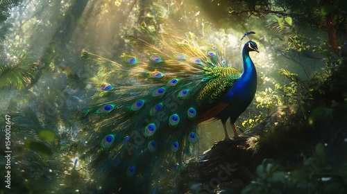 Vibrant Peacock Displaying Iridescent Feathers in a Magical Lush Forest with Sunbeams