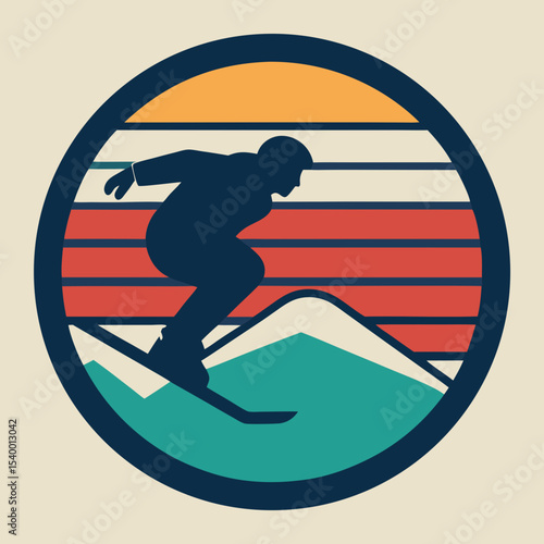 snowboarder mid jump inside a striped sunset badg  vector illustration